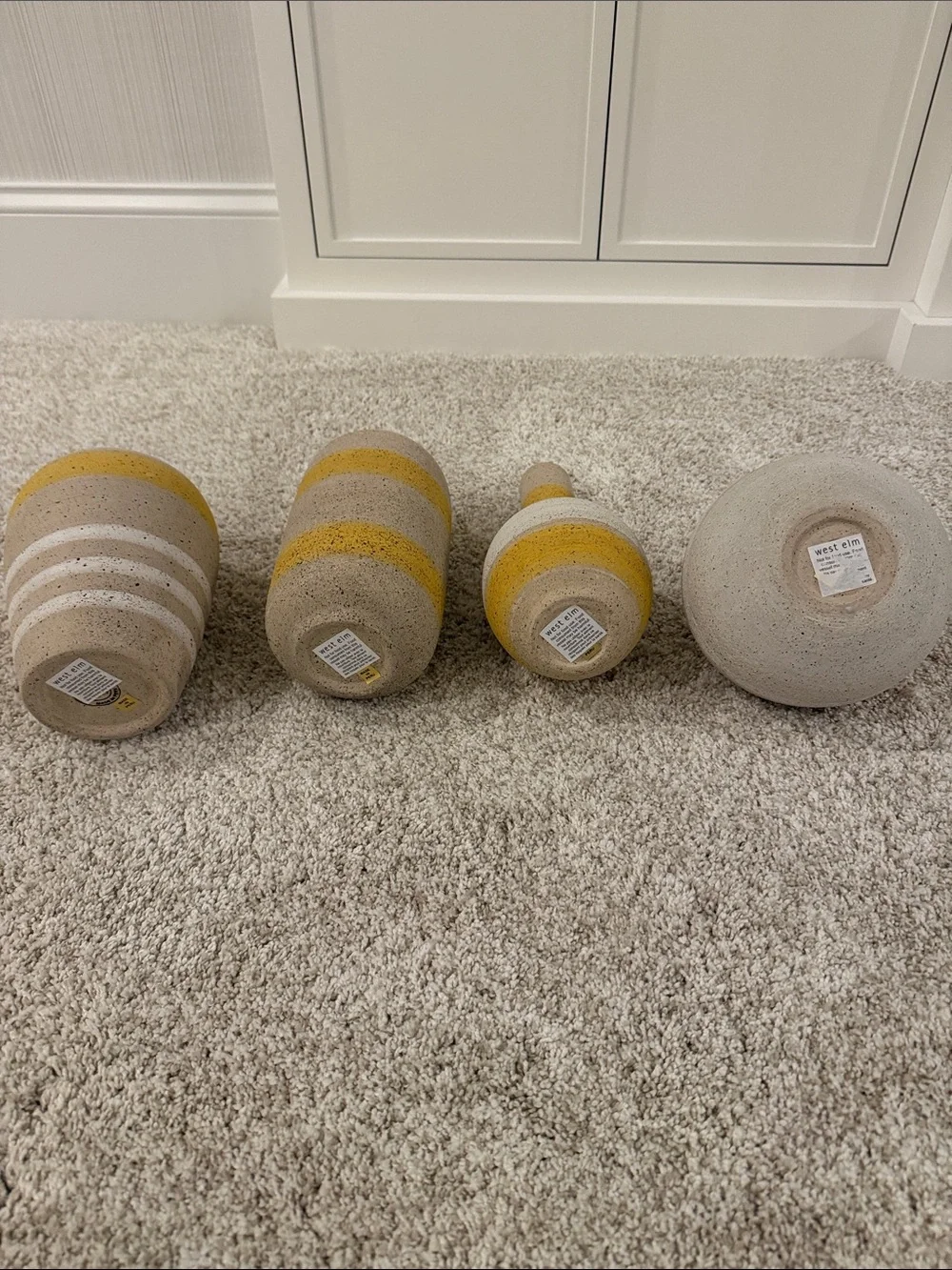 West Elm striped vases - yellow/white. Natural base. Like new!